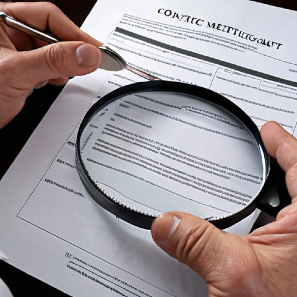 **A person meticulously reviewing a contract:** Close-up shot of hands carefully examining a legal document with a magnifying glass, emphasizing the importance of attention to detail before signing.