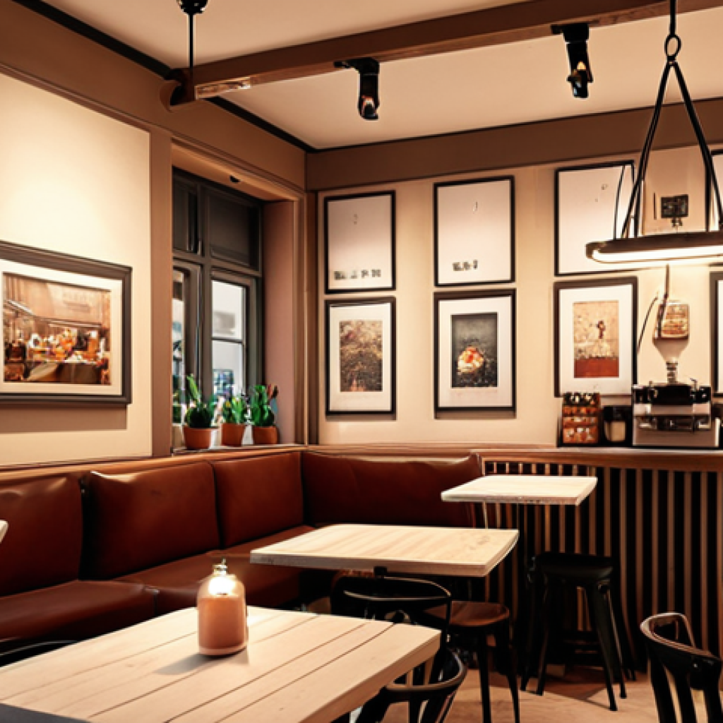 ** A cozy cafe interior resembling an art gallery, with soft lighting, tasteful decor, and ambient music, conveying a sense of a special, immersive brand experience.
**