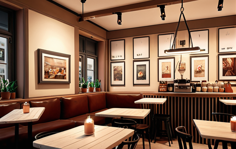 ** A cozy cafe interior resembling an art gallery, with soft lighting, tasteful decor, and ambient music, conveying a sense of a special, immersive brand experience.
**