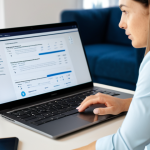 A professional, middle-aged woman in a modest business casual top and trousers, sitting at a clean, modern home office desk. She is looking intently at a laptop screen, which displays a complex online subscription management page with various icons and a subtle 'cancel' button. Her expression is thoughtful and slightly determined, indicating she is navigating a challenging digital process. Her left hand rests near a smartphone on the desk. The background is a blurred, bright home office with natural light. The image emphasizes clarity and focus. fully clothed, appropriate attire, safe for work, perfect anatomy, correct proportions, natural pose, well-formed hands, proper finger count, natural body proportions, professional photography, high quality, appropriate content, family-friendly.