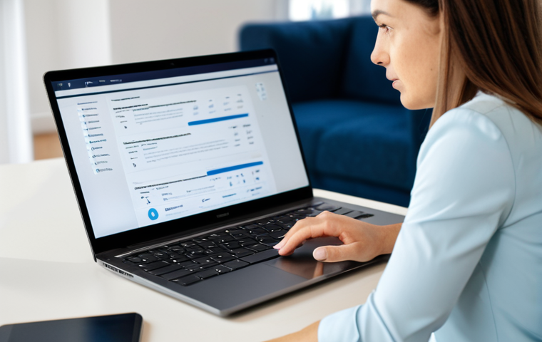 A professional, middle-aged woman in a modest business casual top and trousers, sitting at a clean, modern home office desk. She is looking intently at a laptop screen, which displays a complex online subscription management page with various icons and a subtle 'cancel' button. Her expression is thoughtful and slightly determined, indicating she is navigating a challenging digital process. Her left hand rests near a smartphone on the desk. The background is a blurred, bright home office with natural light. The image emphasizes clarity and focus. fully clothed, appropriate attire, safe for work, perfect anatomy, correct proportions, natural pose, well-formed hands, proper finger count, natural body proportions, professional photography, high quality, appropriate content, family-friendly.