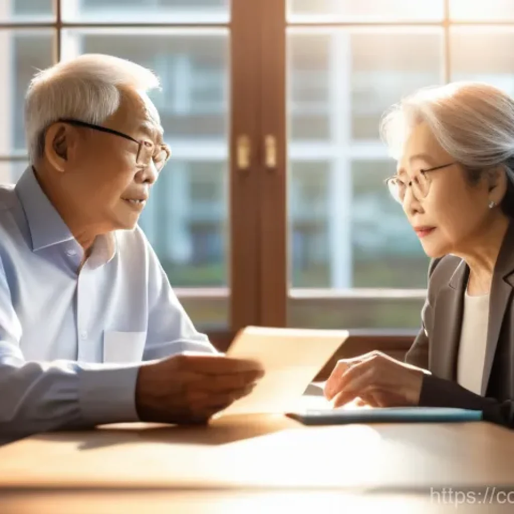 소비자 보호를 위한 정책 제언 - A serene and warmly lit indoor scene. An elderly Asian couple, dressed in smart casual attire, sits ...