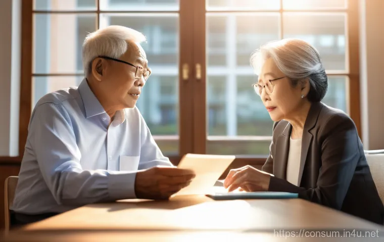 소비자 보호를 위한 정책 제언 - A serene and warmly lit indoor scene. An elderly Asian couple, dressed in smart casual attire, sits ...