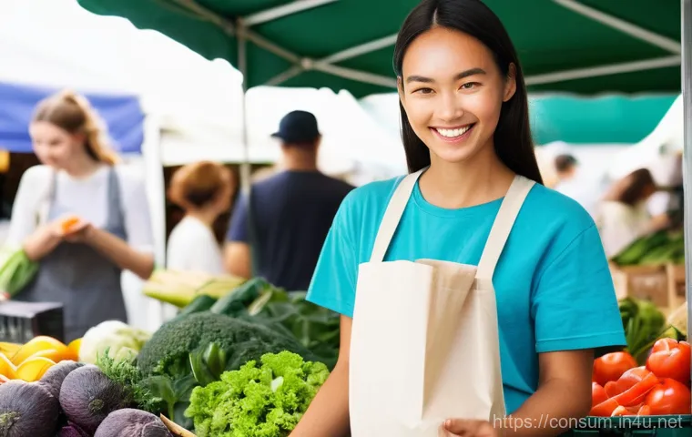 소비자 보호 관련 최신 연구와 글로벌 트렌드 연구와 분석 - **Eco-Conscious Shopper in a Sustainable Market:** A young woman in her late 20s, with a warm smile,...