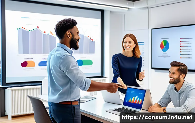 소비자 행동 데이터 시각화 도구 - A modern marketing team in a bright, spacious office collaborating around a large digital screen dis...
