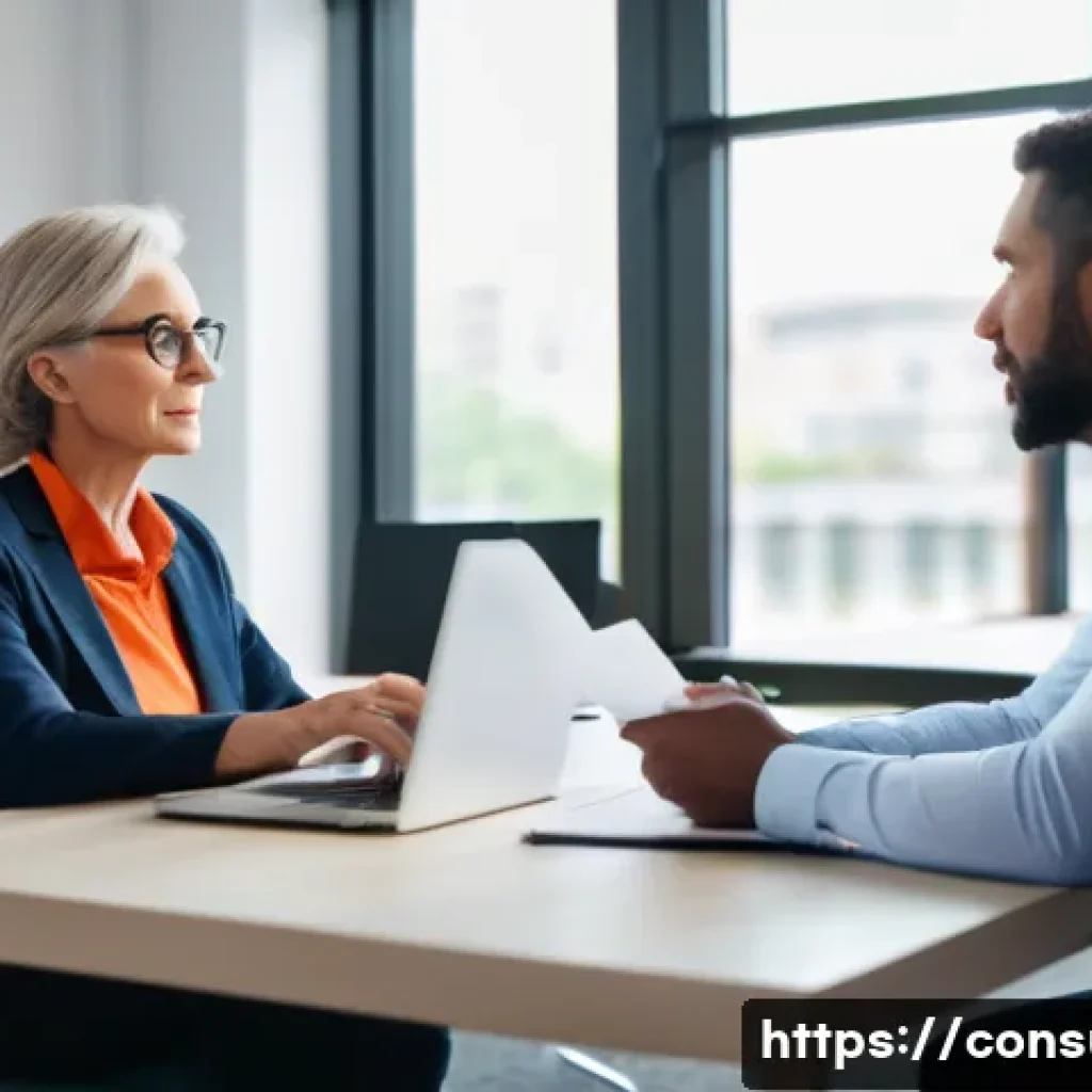 소비자 보호를 위한 효과적인 상담 기술 - A professional customer service counselor attentively listening to a middle-aged woman in a modern, ...