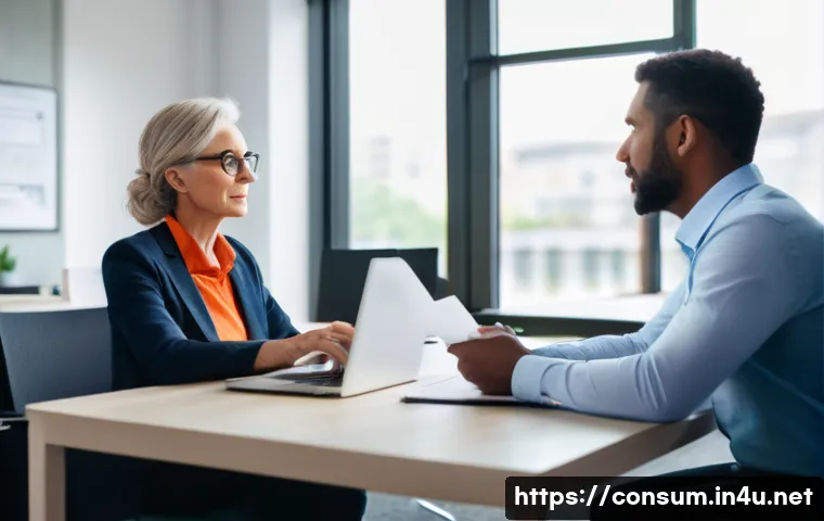 소비자 보호를 위한 효과적인 상담 기술 - A professional customer service counselor attentively listening to a middle-aged woman in a modern, ...