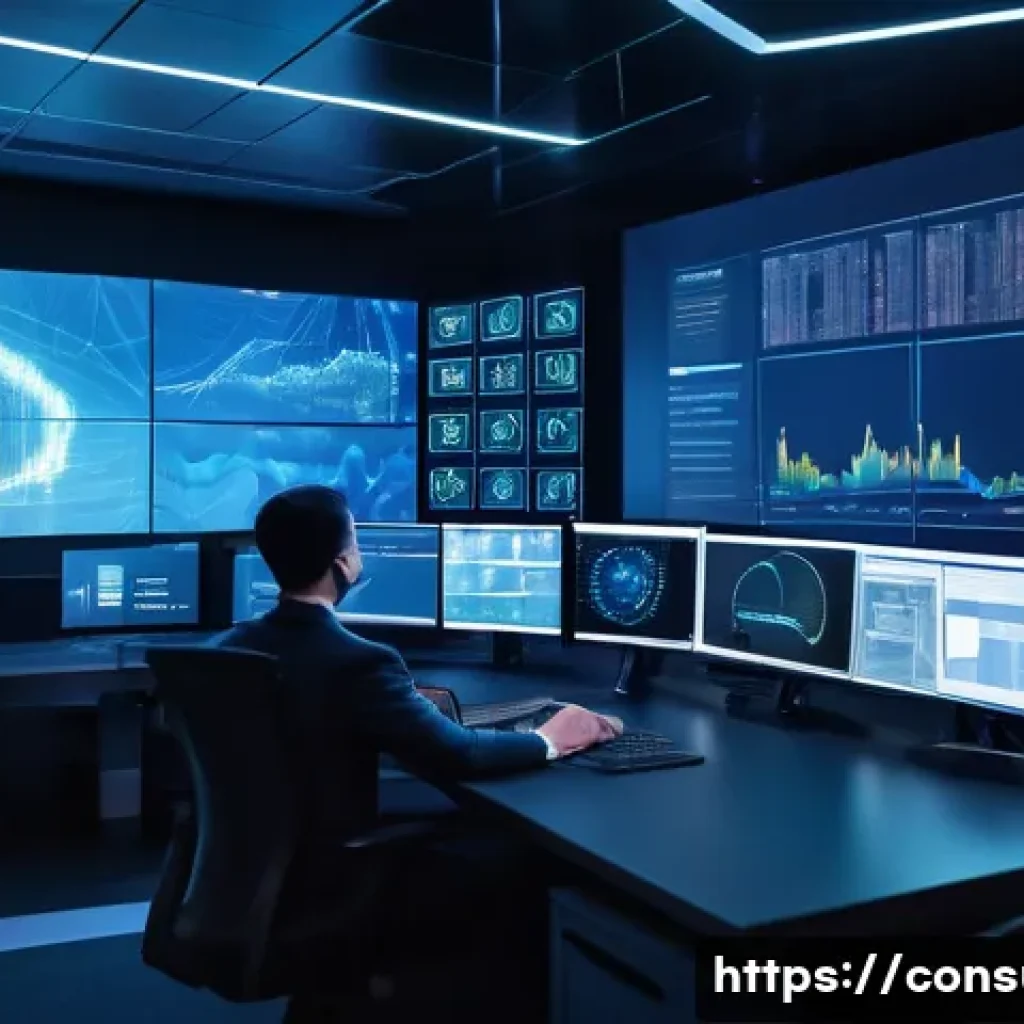 소비자 보호 관련 최신 트렌드 분석 - A high-tech cybersecurity control room with multiple large digital screens displaying AI anomaly det...