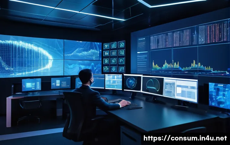 소비자 보호 관련 최신 트렌드 분석 - A high-tech cybersecurity control room with multiple large digital screens displaying AI anomaly det...