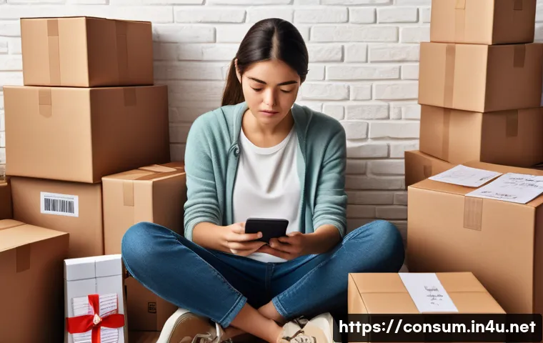 소비자 피해 사례와 대처 방안 - A detailed digital illustration of an online shopper anxiously checking a delayed package status on ...