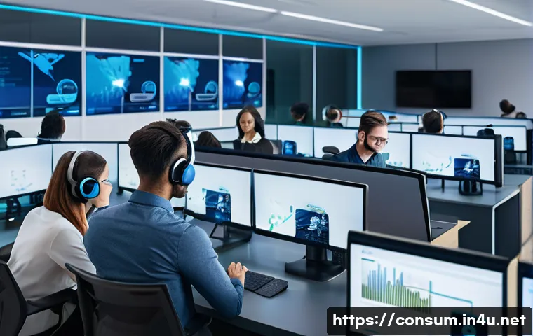 소비자 불만 유형별 처리 프로세스 - A modern customer service center scene showing a diverse group of professional customer support agen...
