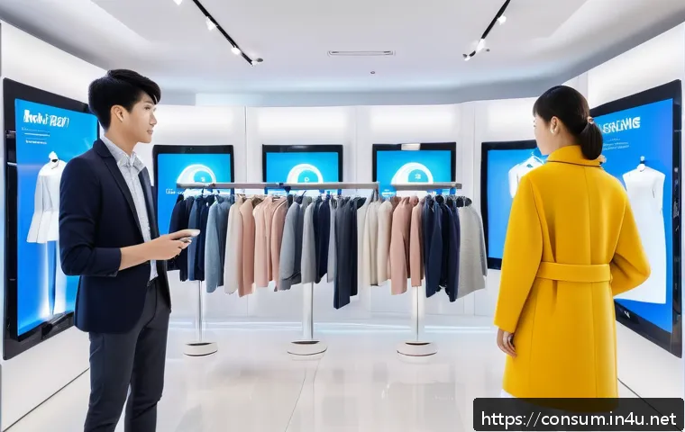 소비자 행동 데이터를 활용한 개인화 서비스 - A futuristic retail store interior with diverse digital screens displaying personalized fashion reco...
