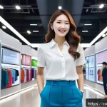Home 21 소비자 행동 데이터를 활용한 비즈니스 혁신 사례 연구와 분석 - A futuristic retail environment showcasing a diverse group of customers interacting with personalize...
