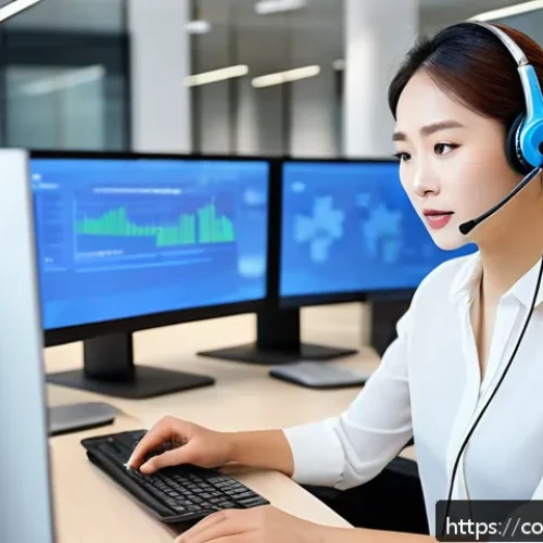 Home 32 소비자 보호법 사례별 분석과 적용 - A professional customer service representative at a modern call center desk, attentively assisting a...