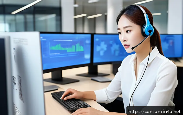소비자 보호법 사례별 분석과 적용 - A professional customer service representative at a modern call center desk, attentively assisting a...