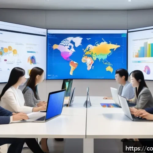 Home 31 소비자 행동 데이터 활용과 실무 적용 방안 - A modern corporate office scene showing a diverse team of professionals gathered around a large digi...