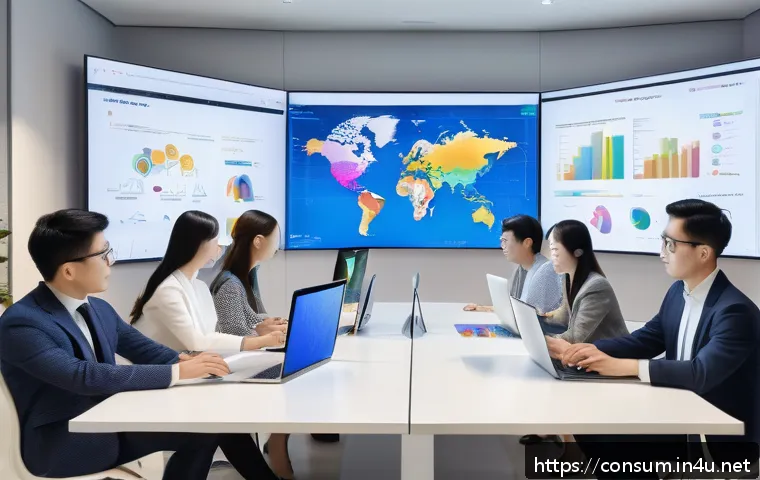 소비자 행동 데이터 활용과 실무 적용 방안 - A modern corporate office scene showing a diverse team of professionals gathered around a large digi...