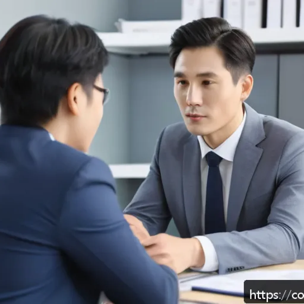 소비자 불만 사례별 대응법 - A professional customer service representative calmly listening and empathizing with a middle-aged c...