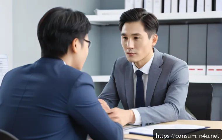 소비자 불만 사례별 대응법 - A professional customer service representative calmly listening and empathizing with a middle-aged c...