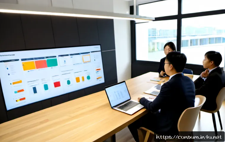 Home 17 소비자 행동 데이터를 활용한 신제품 개발 - Photorealistic modern product development meeting, diverse business team gathered around a clean woo...