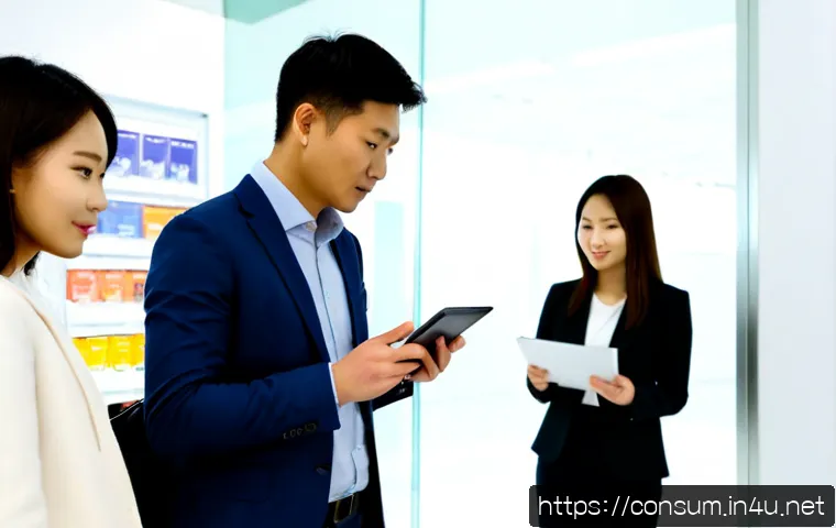 소비자 행동 연구와 비즈니스 모델 - Photorealistic modern business research scene, diverse team of three adults observing anonymized cus...